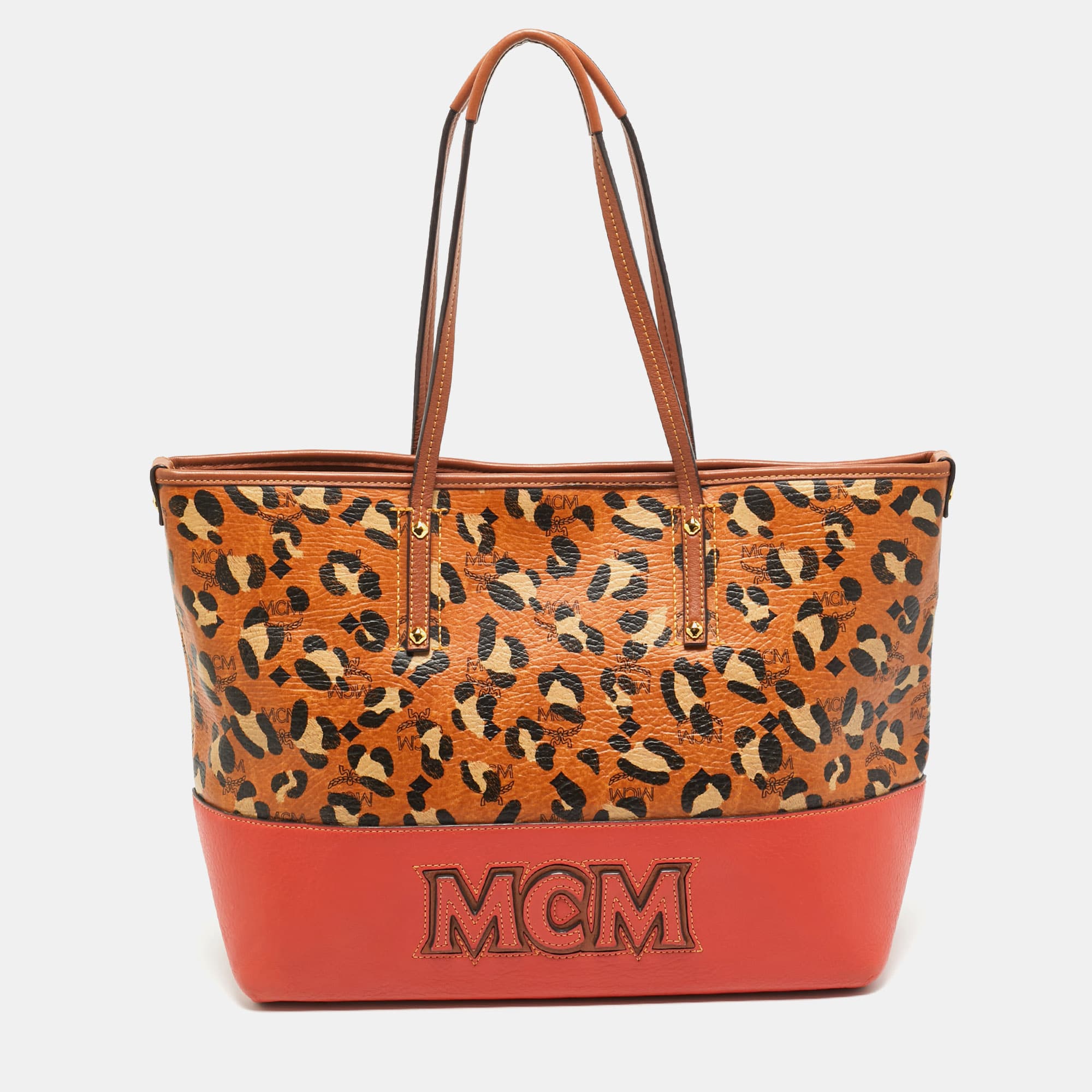 MCM Heritage Brown/Orange Leopard Print Coated Canvas Leather Shopper Tote