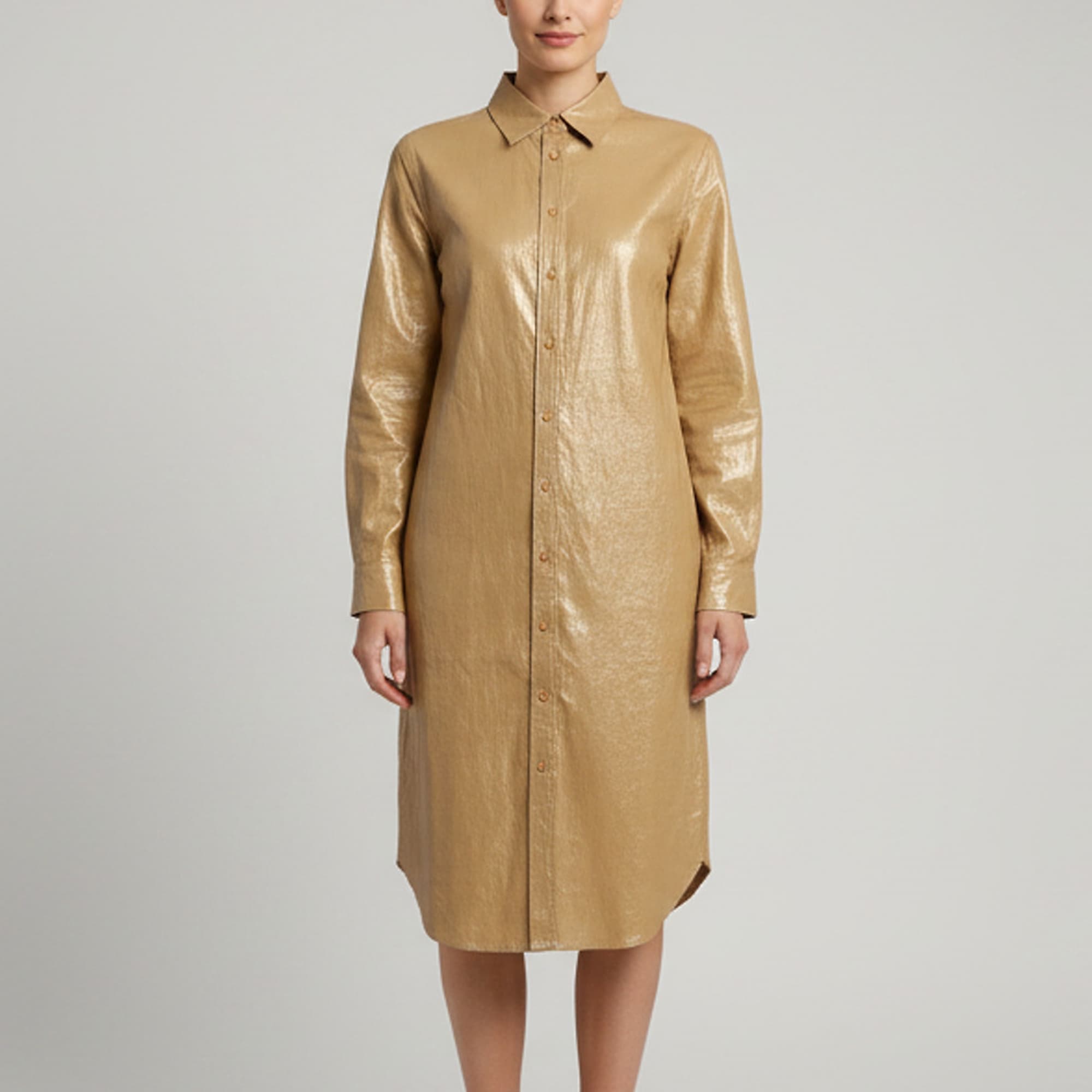 Ralph Lauren Metallic Beige Linen Long Sleeve Shirt Midi Dress M
