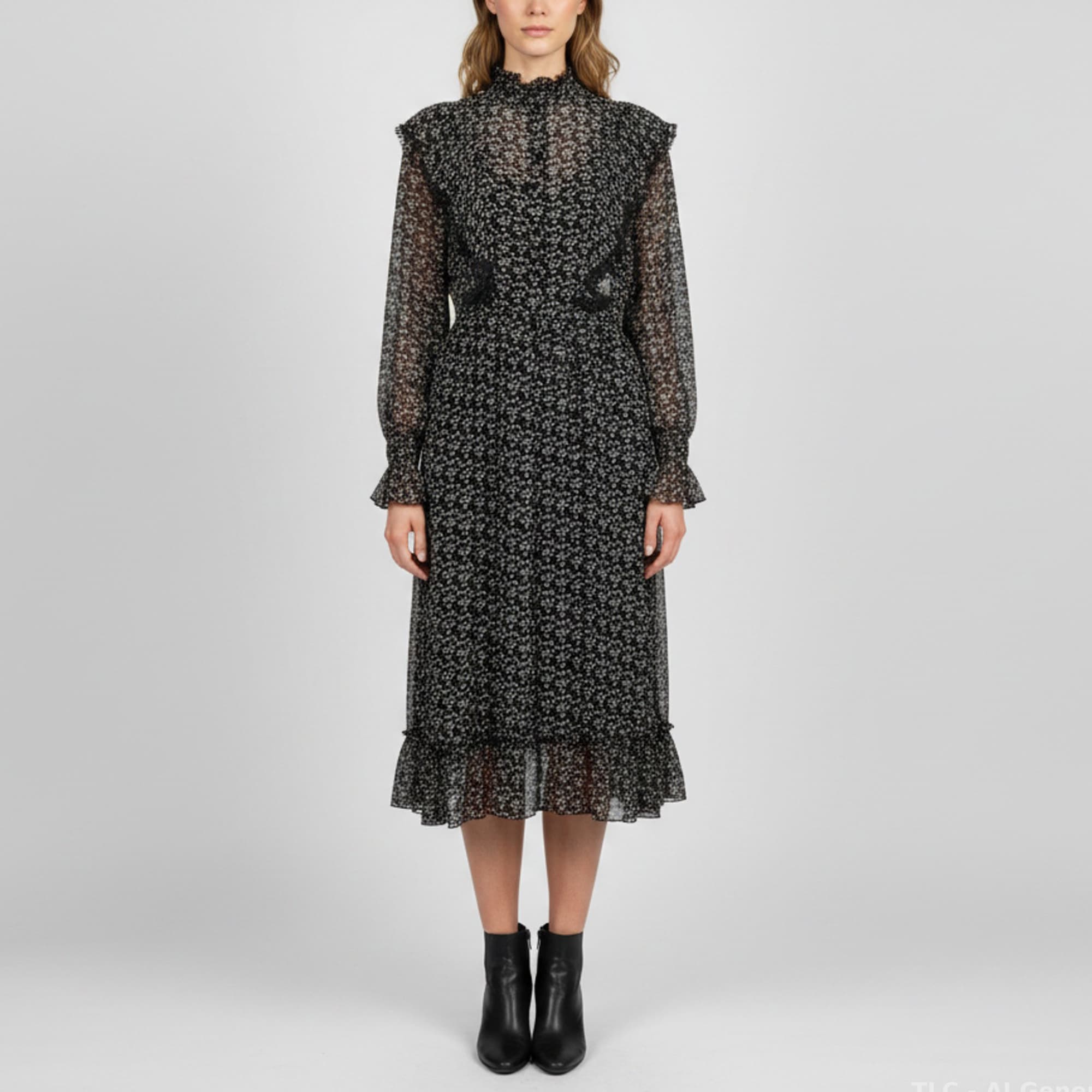 See by Chloe Black Floral Print Crepe Ruffle Midi Dress M