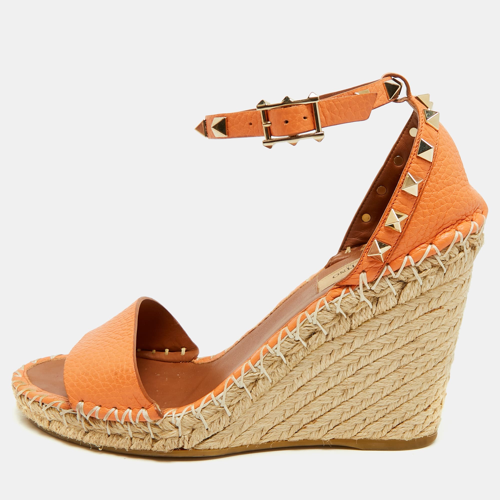 Valentino Rockstud Size 37 Orange Leather Wedge Sandals