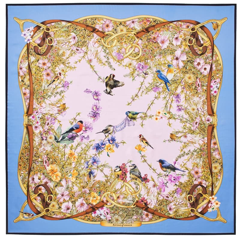 Aspinal of London Edwardian Garden Silk Scarf in Capri Blue & Lilac Pure Silk