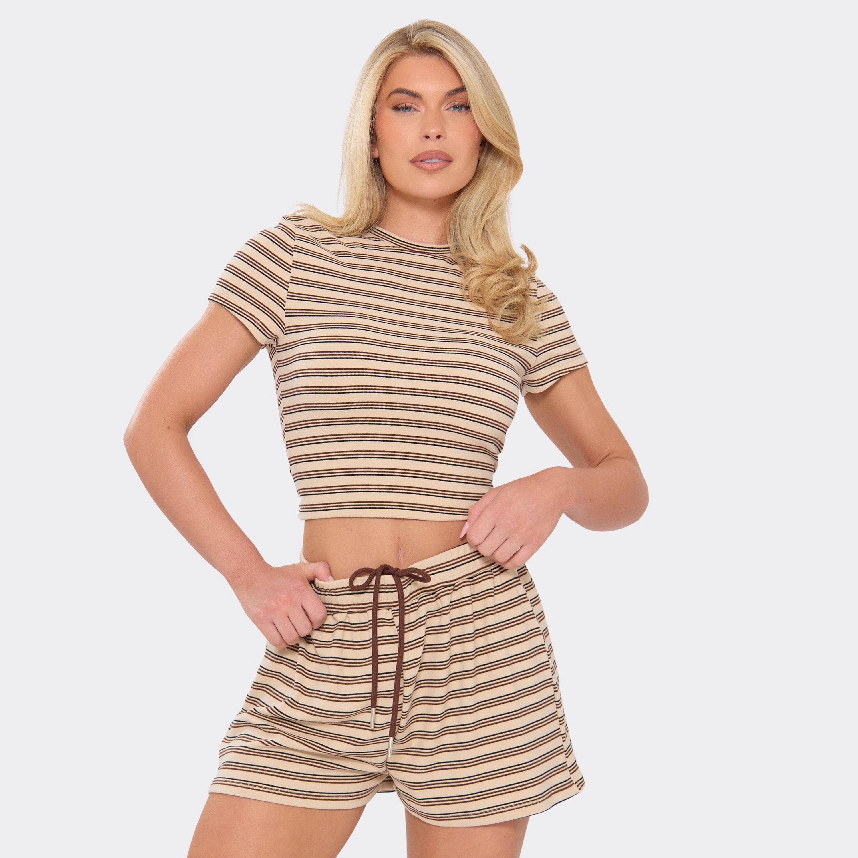 Short Sleeve Top In Cream Stripe Soft Fleece, Women's Size US 2