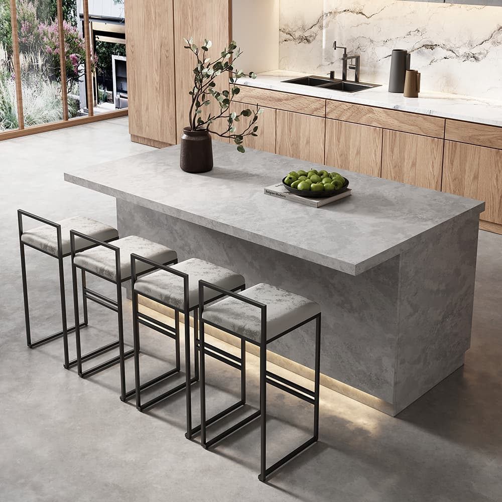 72" Japandi Kitchen Island with Seating Gray Wooden Storage Kitchen Cabinet & 4 Counter Stools