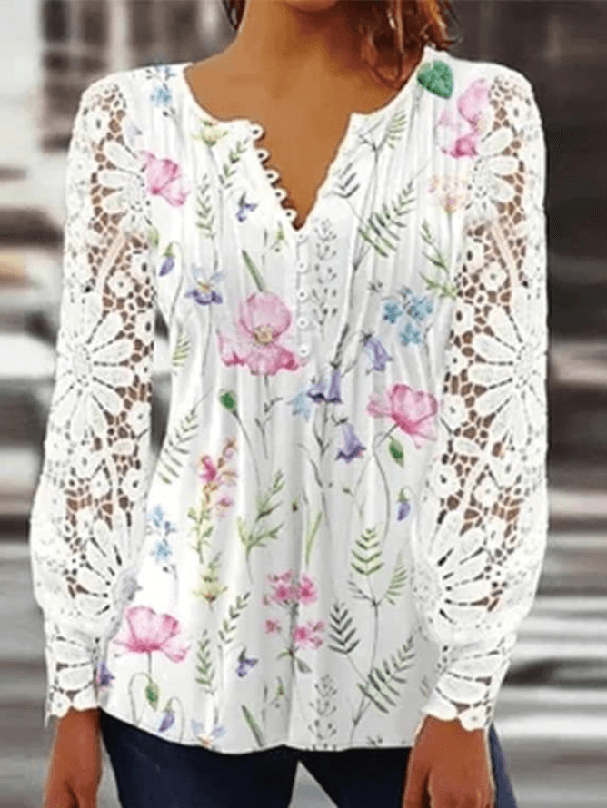 Women Floral Casual Blouses V Neck Lace Long Sleeve Spring/Fall Top