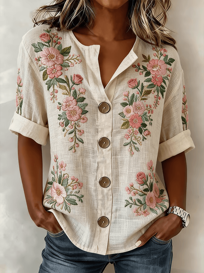 Women Floral Casual Shirts Stand Collar Buckle Long Sleeve Spring/Fall Top