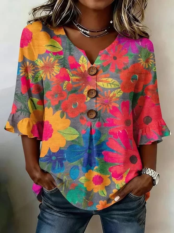 Women Floral Vintage Blouses V Neck Printing Half Sleeve Summer Top