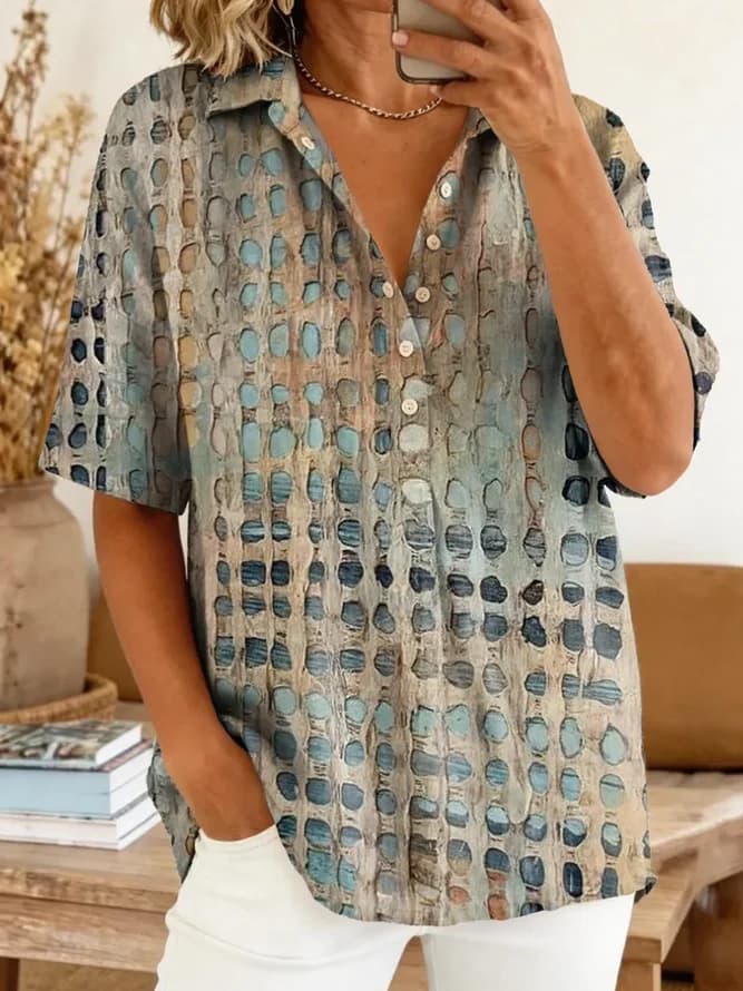 Women Abstract Casual Shirts Shirt Collar Printing Button Up Shirt Short Sleeve Summer Top