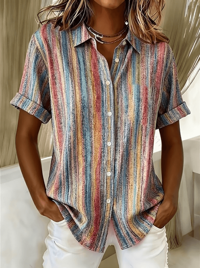 Women Abstract Stripes Casual Shirts Shirt Collar Printing Button Up Shirt Short Sleeve Summer Top