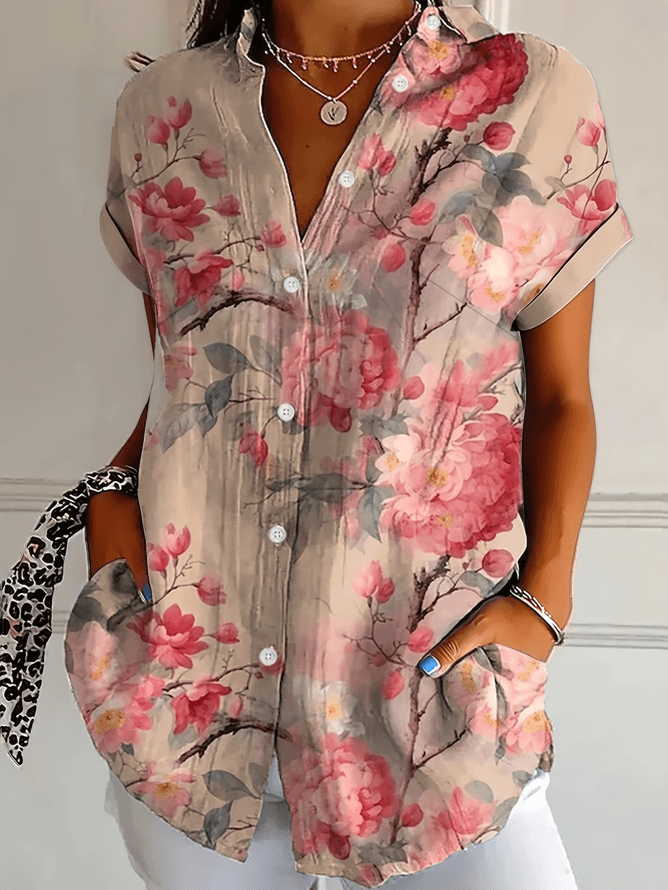 Women Floral Casual Shirts Shirt Collar Printing Button Up Shirt Short Sleeve Summer Top