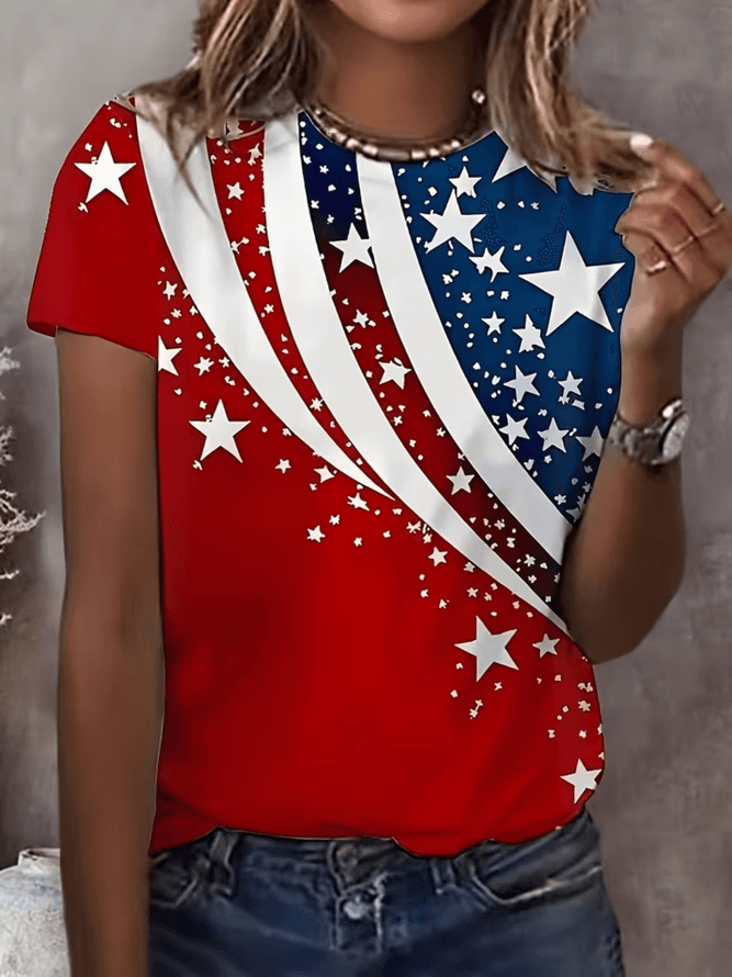 Women Independence Day (Flag) Casual Short Sleeve Tee T-shirt Crew Neck Summer Printing Graphic Tee Top