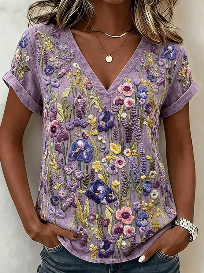 Women Floral Vintage Short Sleeve Tee T-shirt V Neck Summer Printing Top