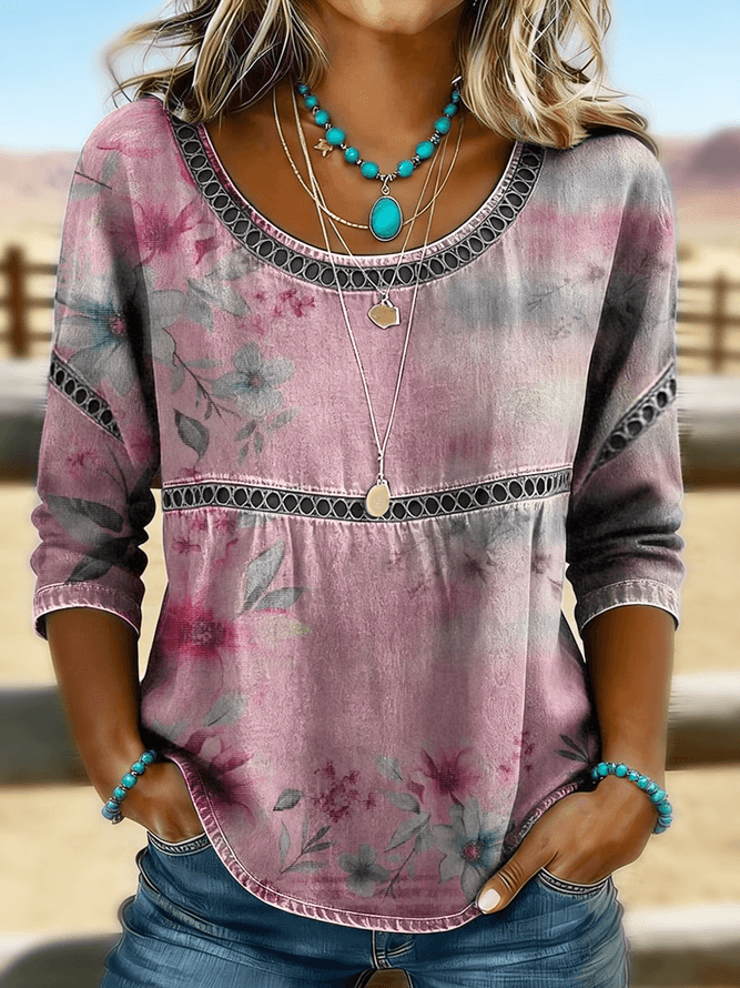 Women Floral Casual Blouses Crew Neck Printing Half Sleeve Summer Top