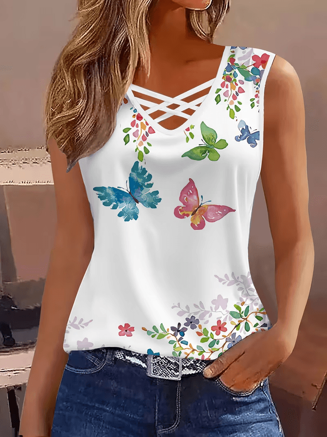 Women Floral Casual V Neck Tank Tops Printing Summer Sleeveless Top