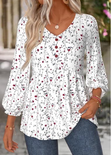 White Ditsy Floral Print Shirred 3/4 Sleeve Blouse